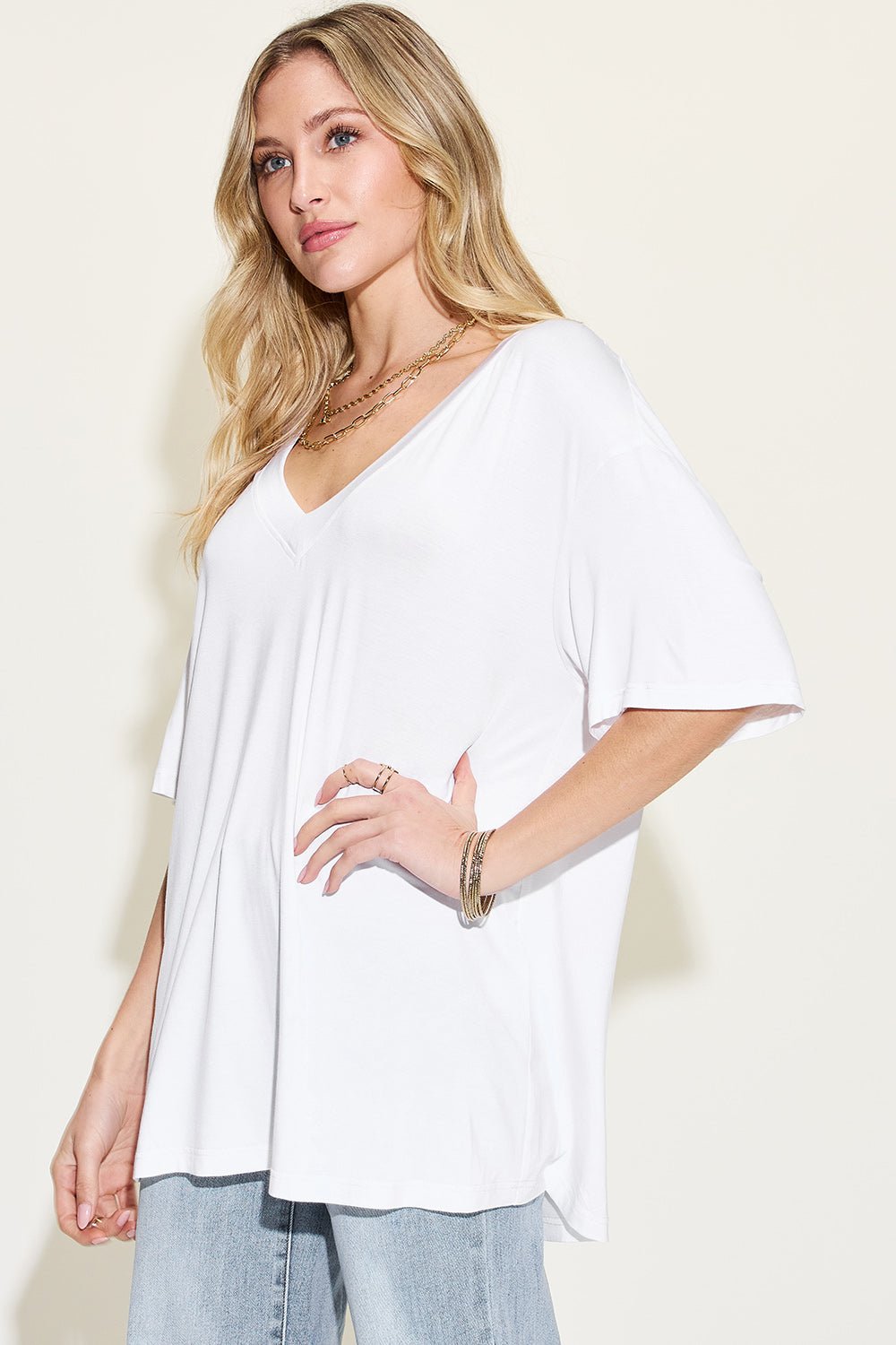 Basic Bae - V - Neck Drop Shoulder T-Shirt