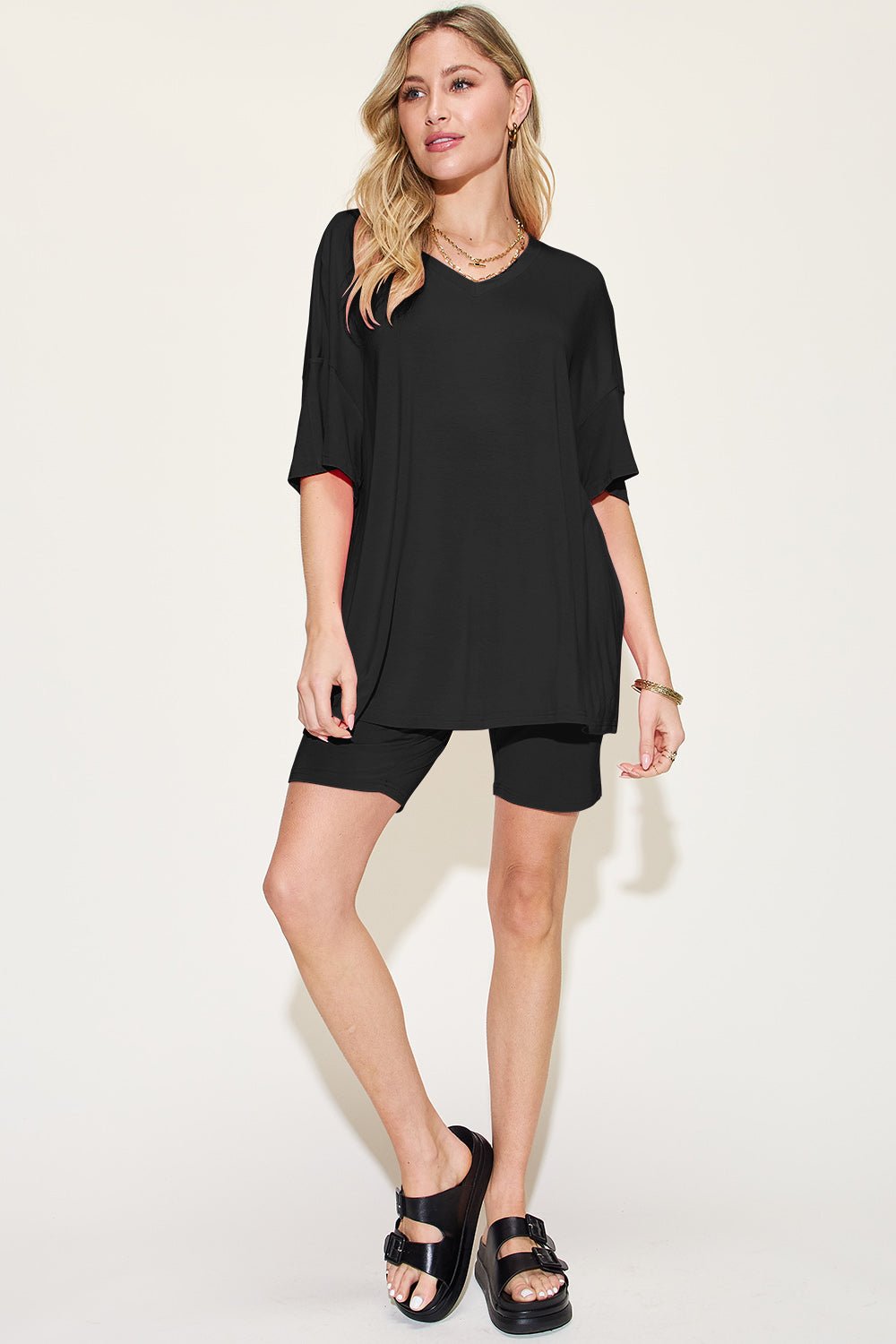 Basic Bae - V - Neck Drop Shoulder T-Shirt and Shorts Set