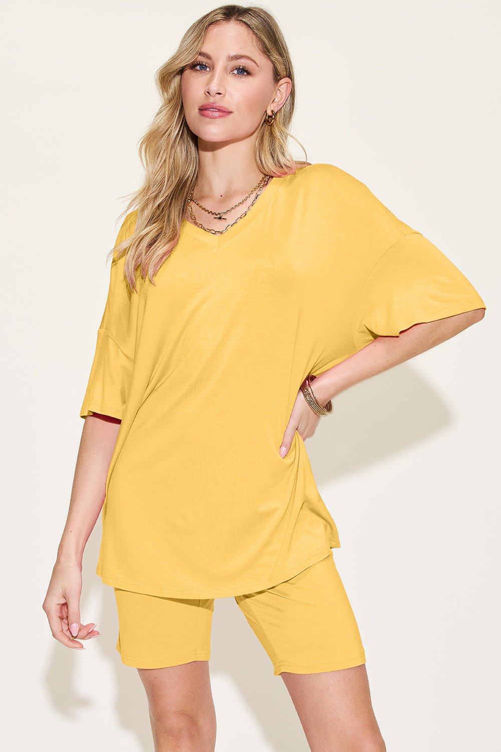 Basic Bae - V - Neck Drop Shoulder T-Shirt and Shorts Set