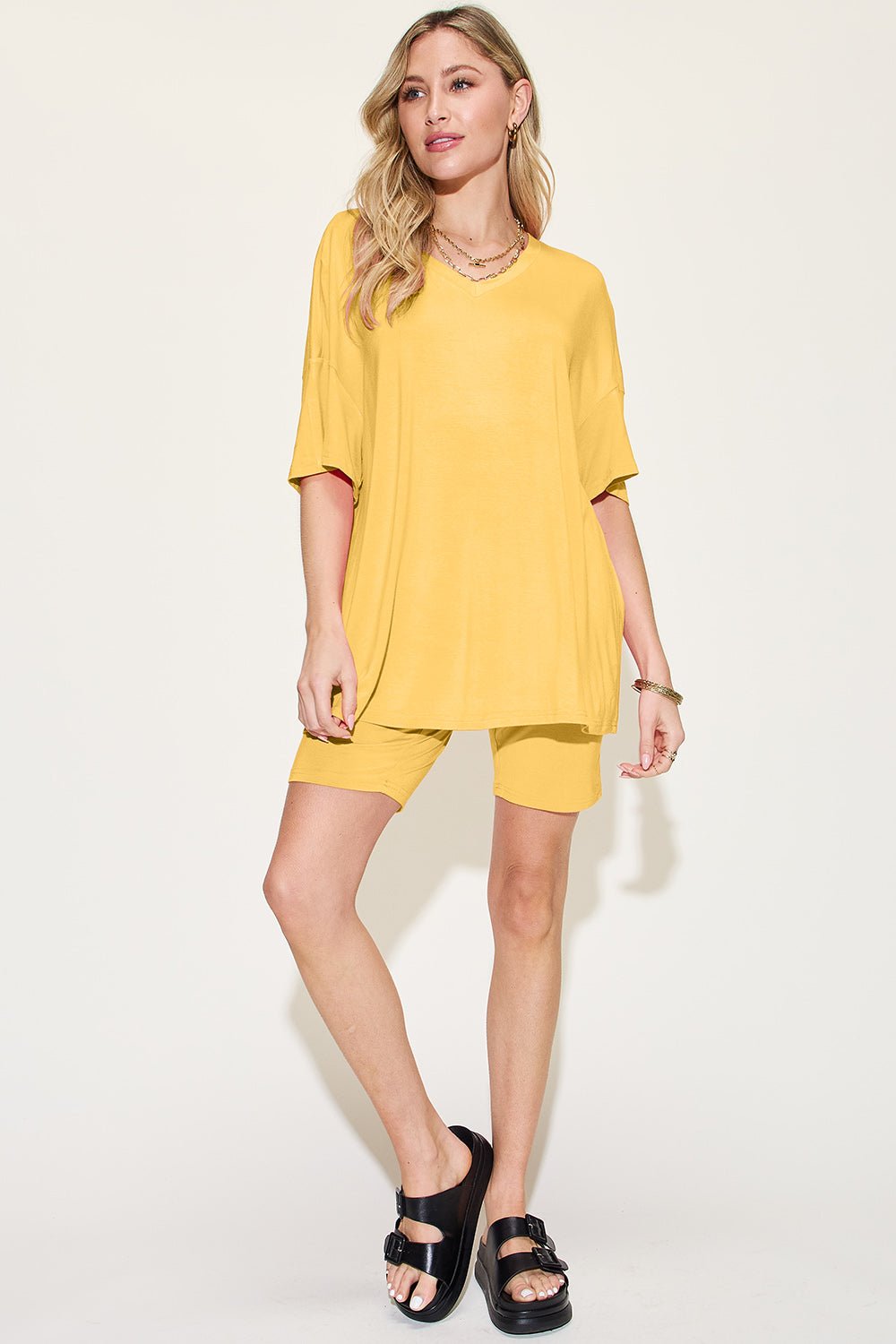 Basic Bae - V - Neck Drop Shoulder T-Shirt and Shorts Set