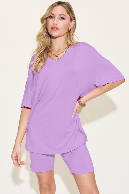 Basic Bae - V - Neck Drop Shoulder T-Shirt and Shorts Set