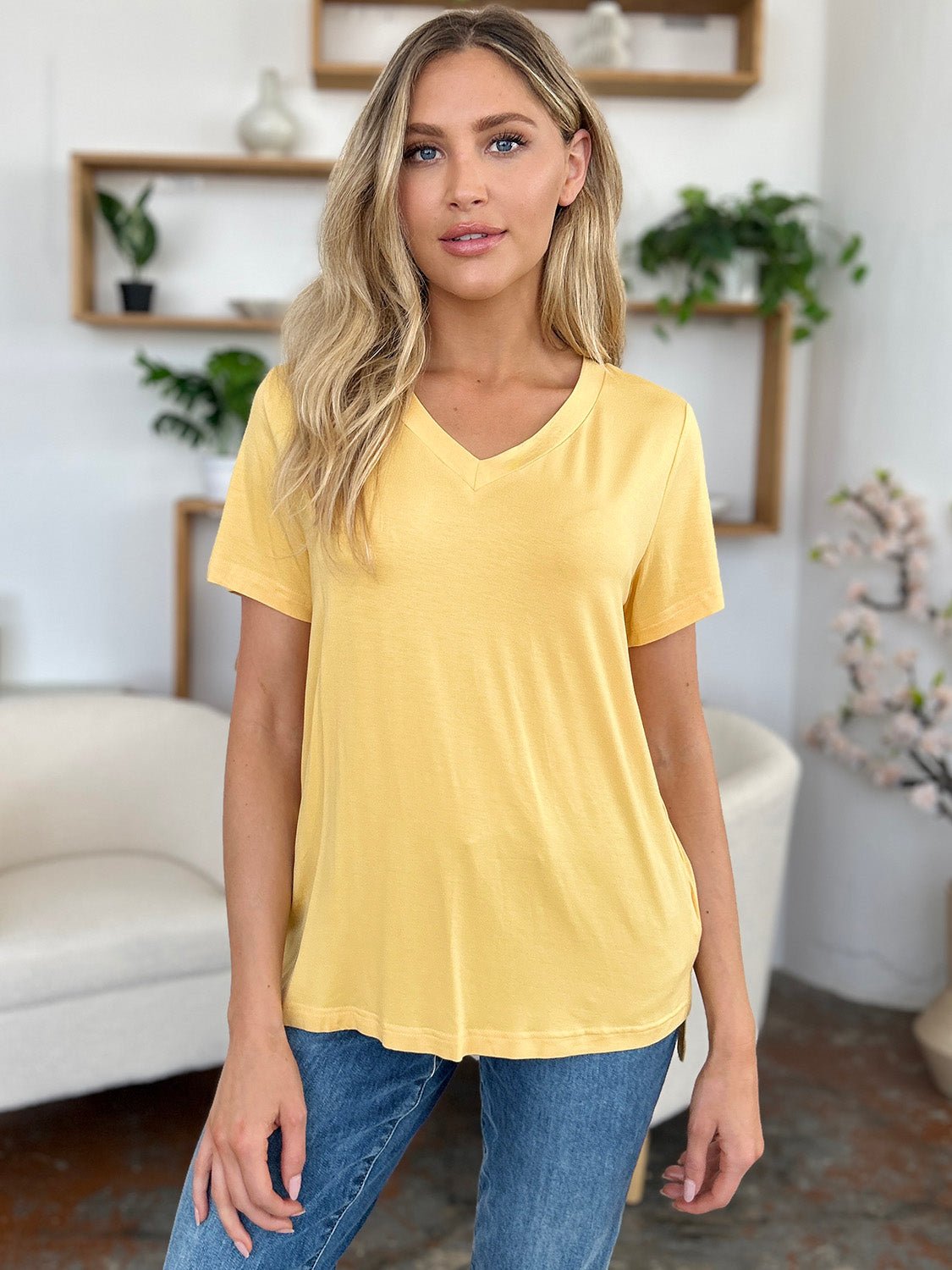 Basic Bae - V - Neck High - Low Hem T-Shirt