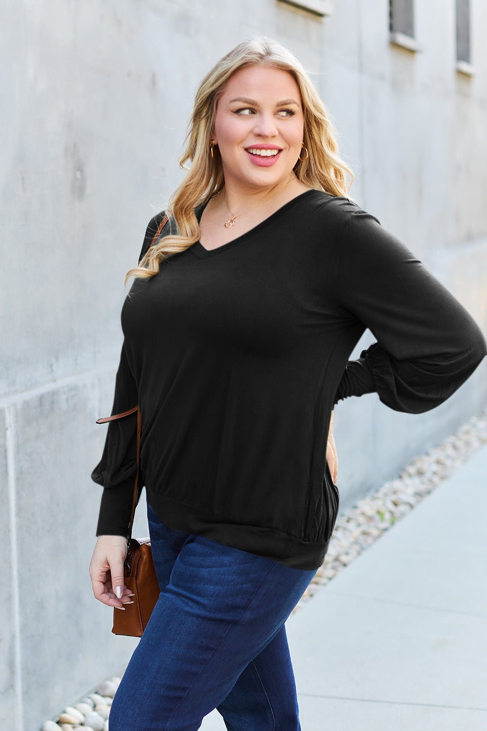 Basic Bae - V - Neck Lantern Sleeve Top