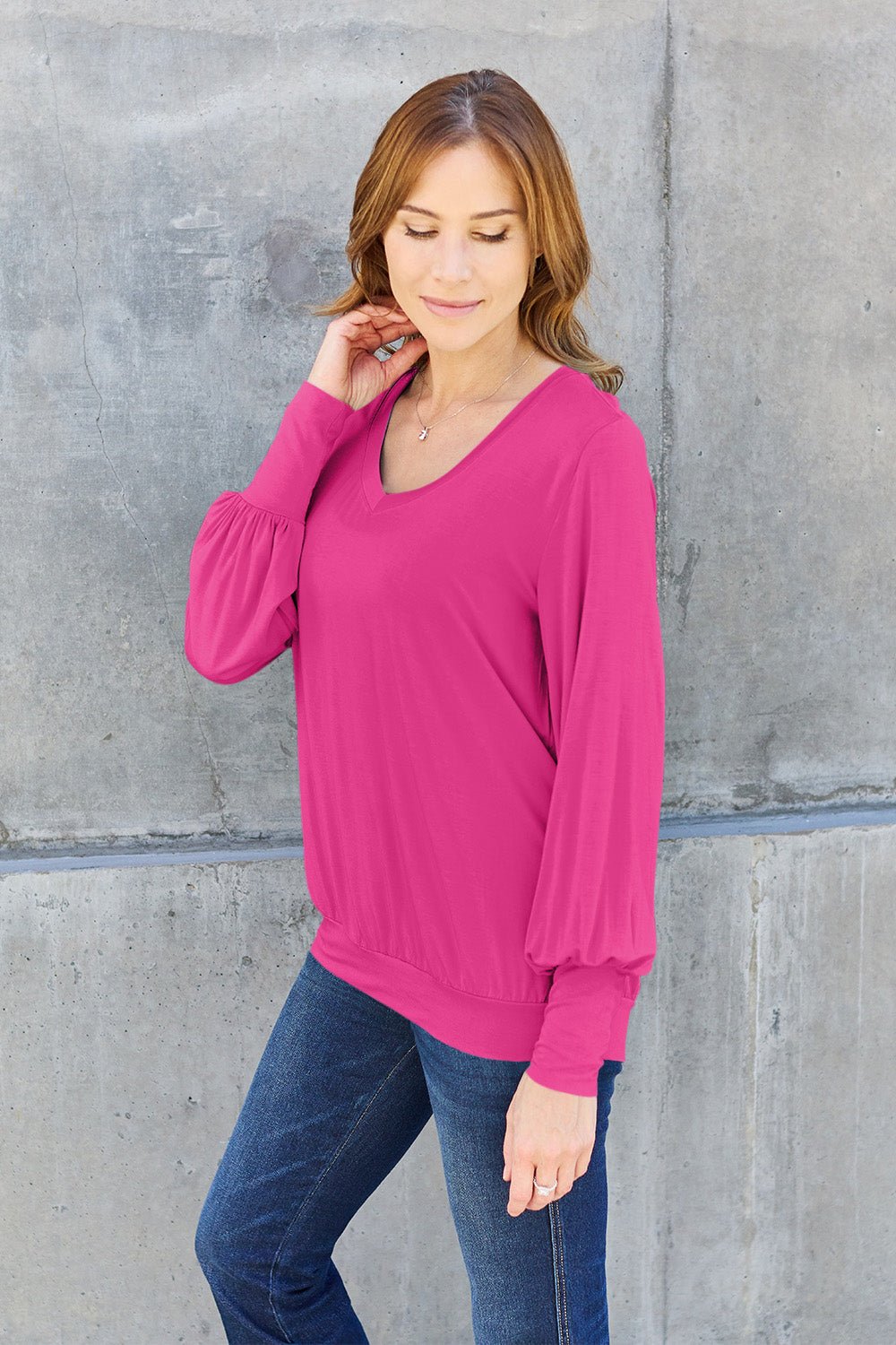 Basic Bae - V - Neck Lantern Sleeve Top