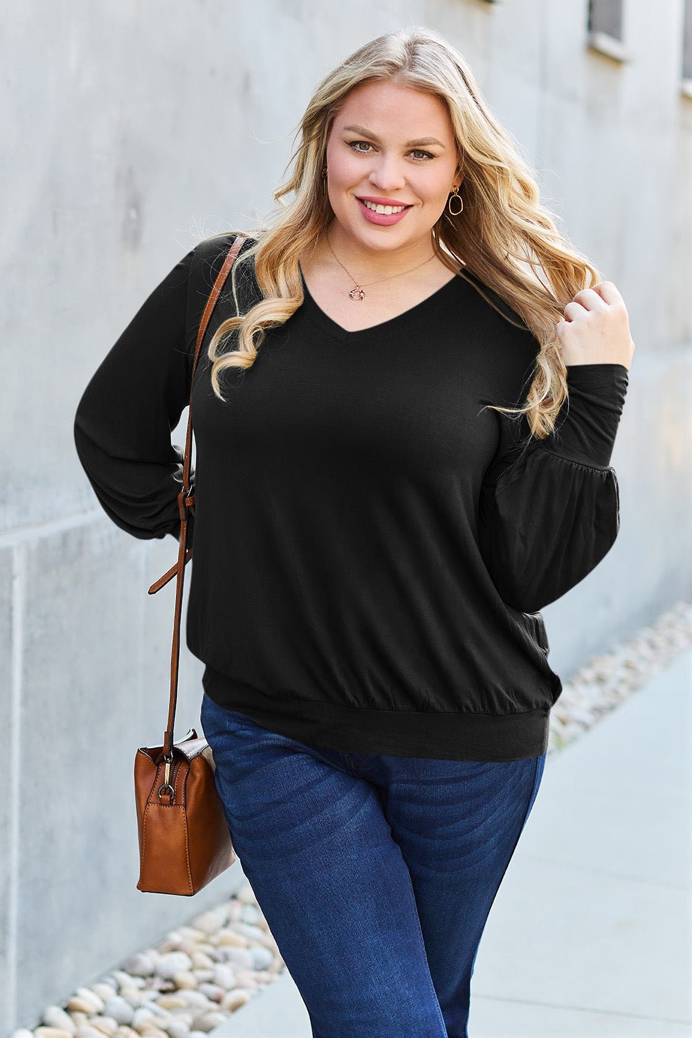 Basic Bae - V - Neck Lantern Sleeve Top