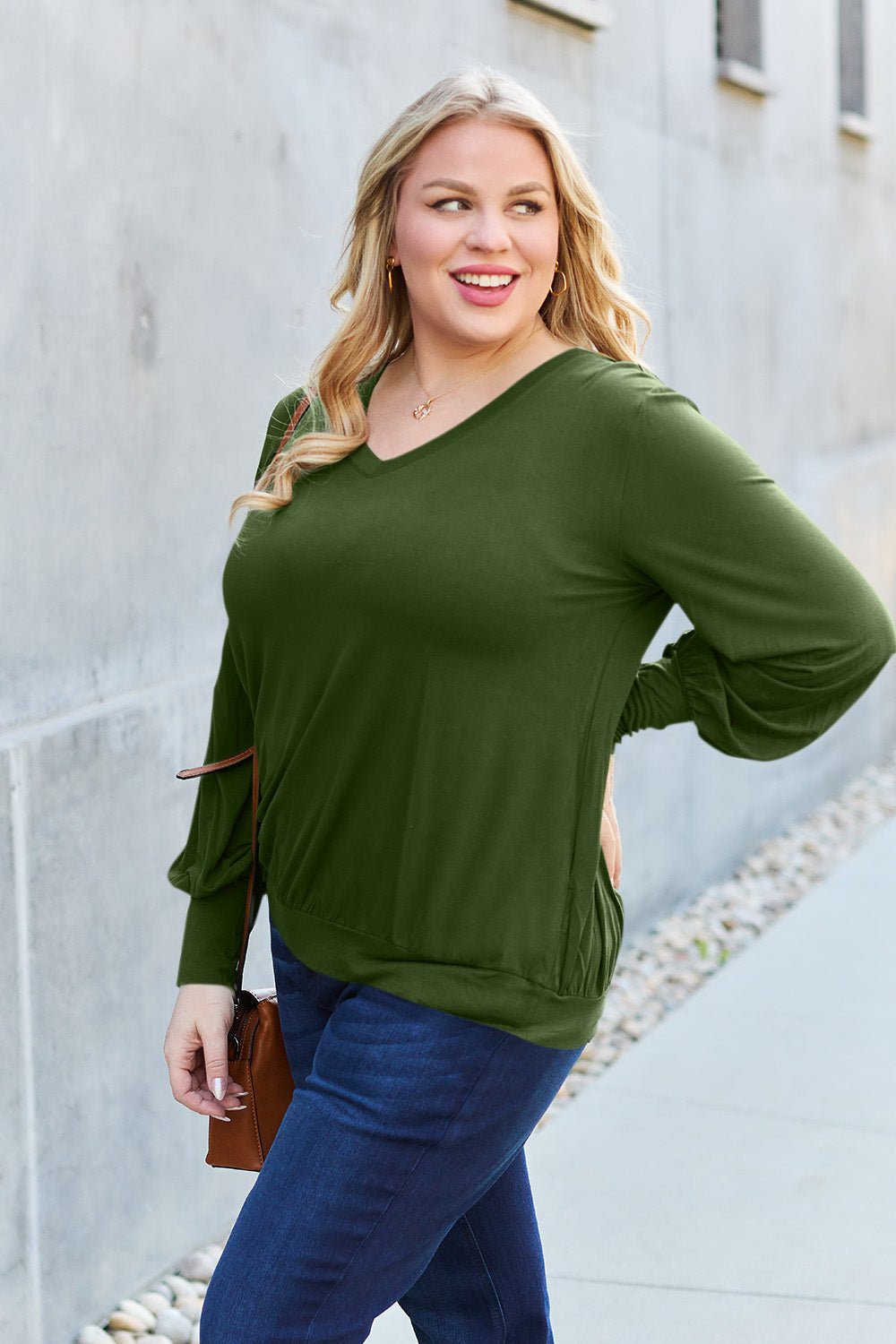 Basic Bae - V - Neck Lantern Sleeve Top