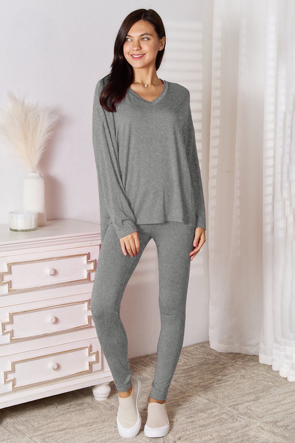 Basic Bae - V - Neck Long Sleeve Top and Pants Lounge Set