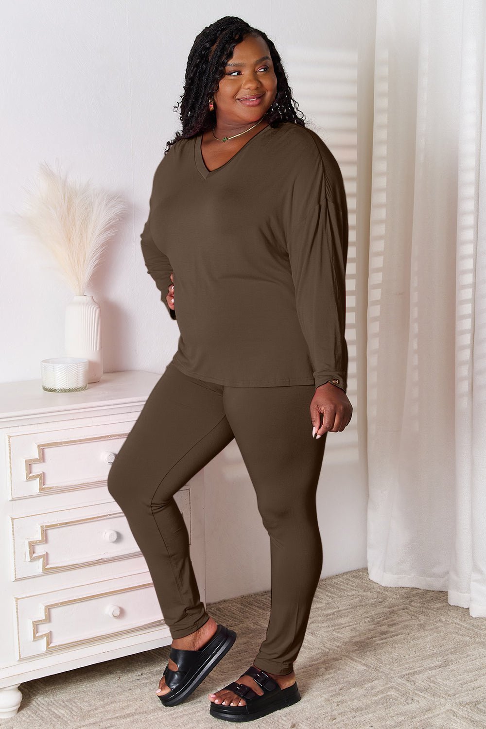 Basic Bae - V - Neck Long Sleeve Top and Pants Lounge Set