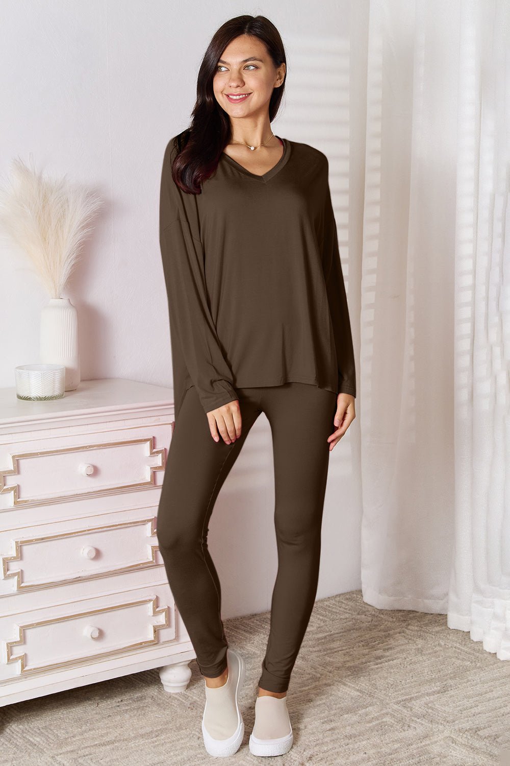 Basic Bae - V - Neck Long Sleeve Top and Pants Lounge Set