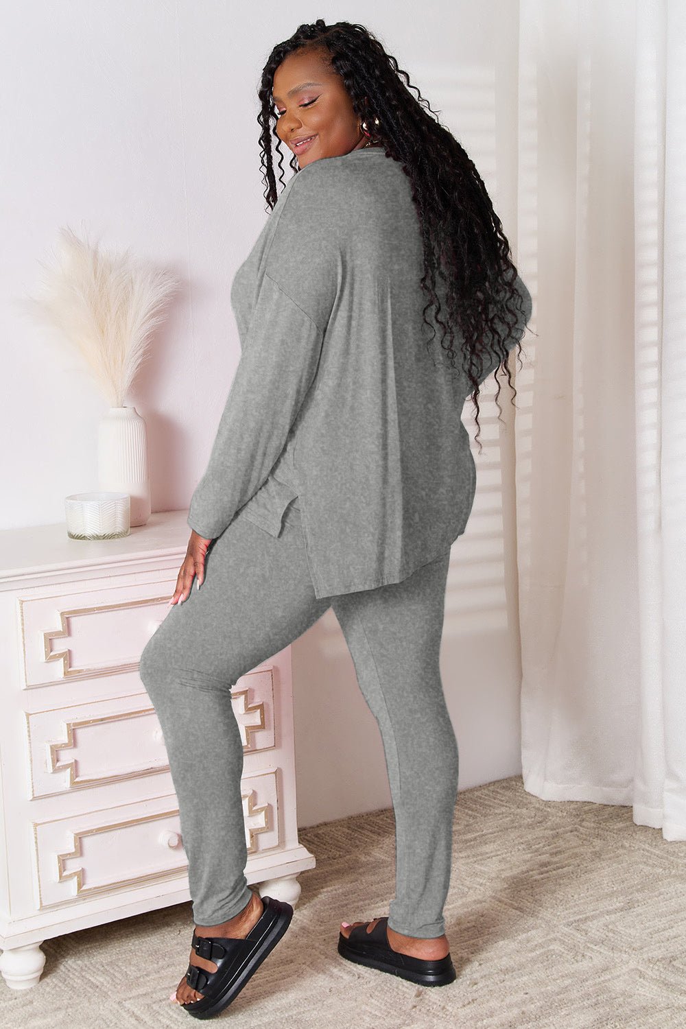 Basic Bae - V - Neck Long Sleeve Top and Pants Lounge Set