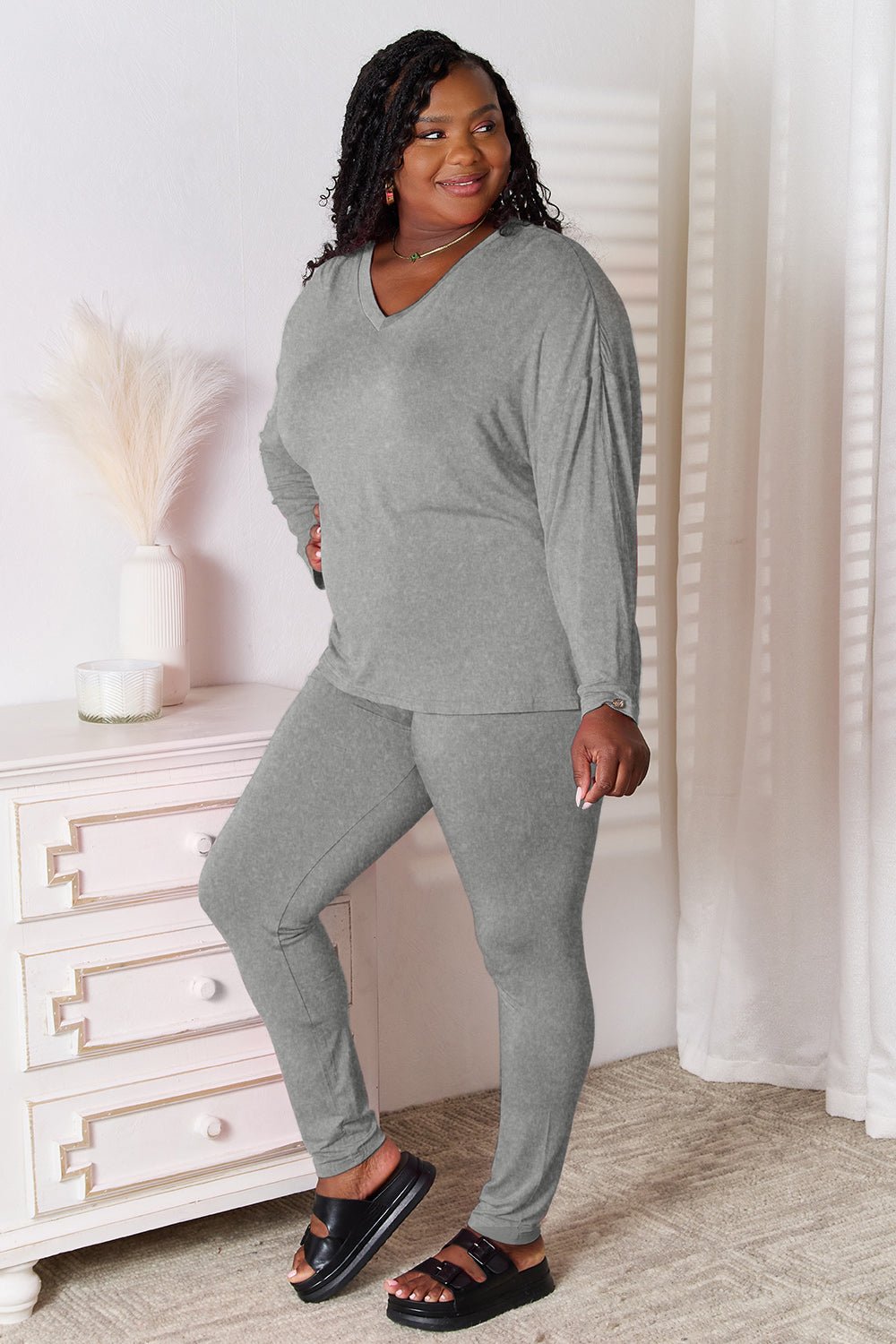 Basic Bae - V - Neck Long Sleeve Top and Pants Lounge Set