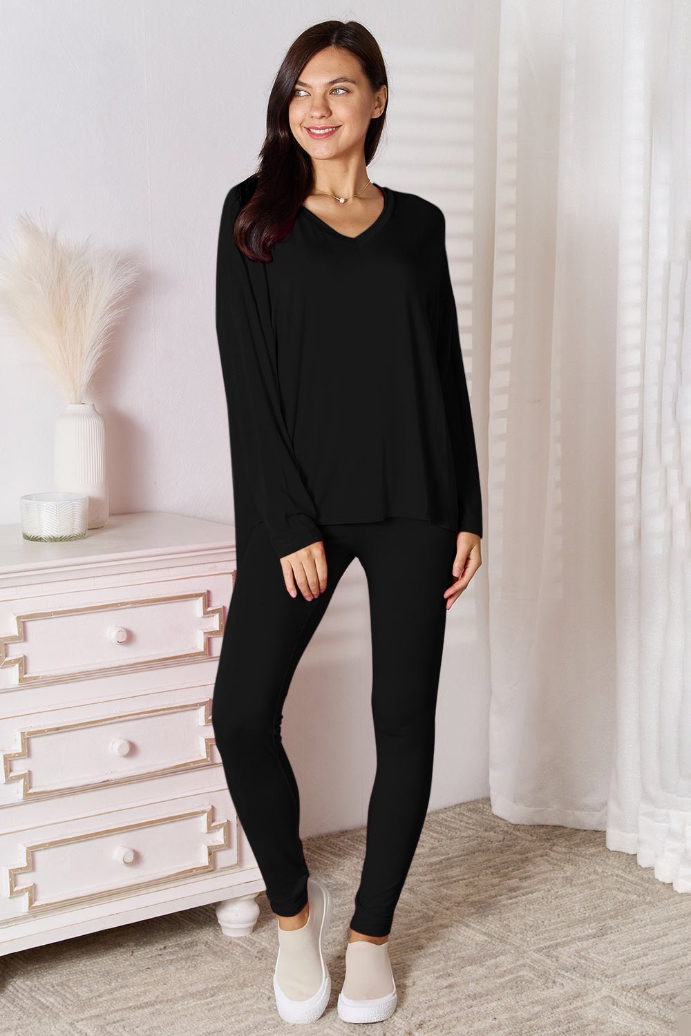 Basic Bae - V - Neck Long Sleeve Top and Pants Lounge Set