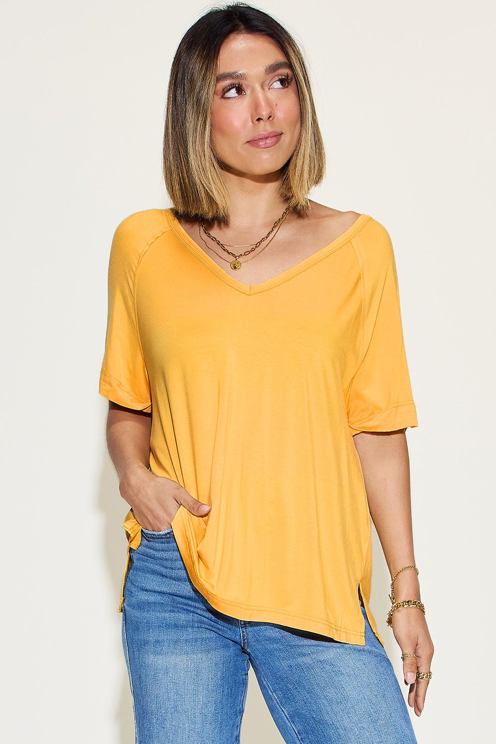 Basic Bae - V - Neck Short Sleeve Tunic T-Shirt