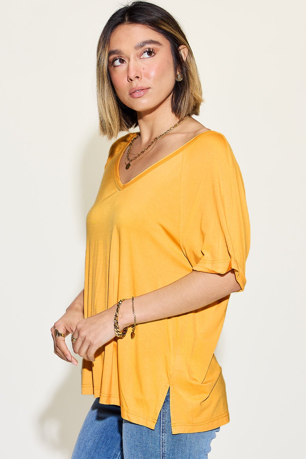 Basic Bae - V - Neck Short Sleeve Tunic T-Shirt