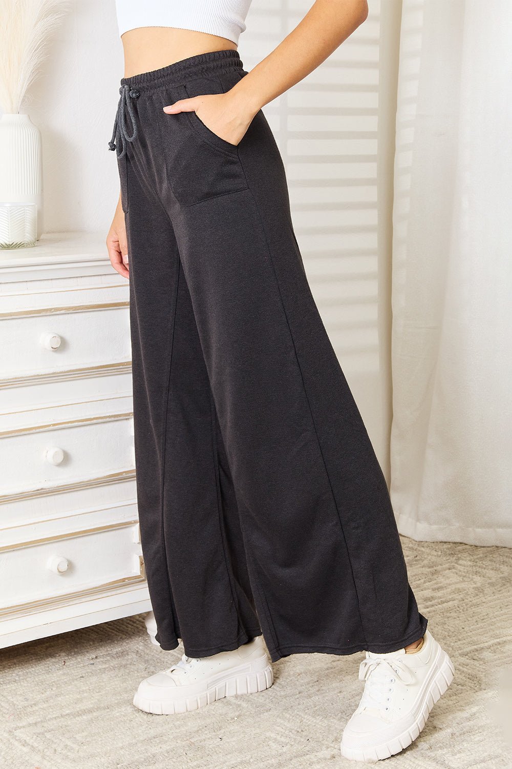 Basic Bae - Wide Leg Drawstring Waist Pants in Dark Gray