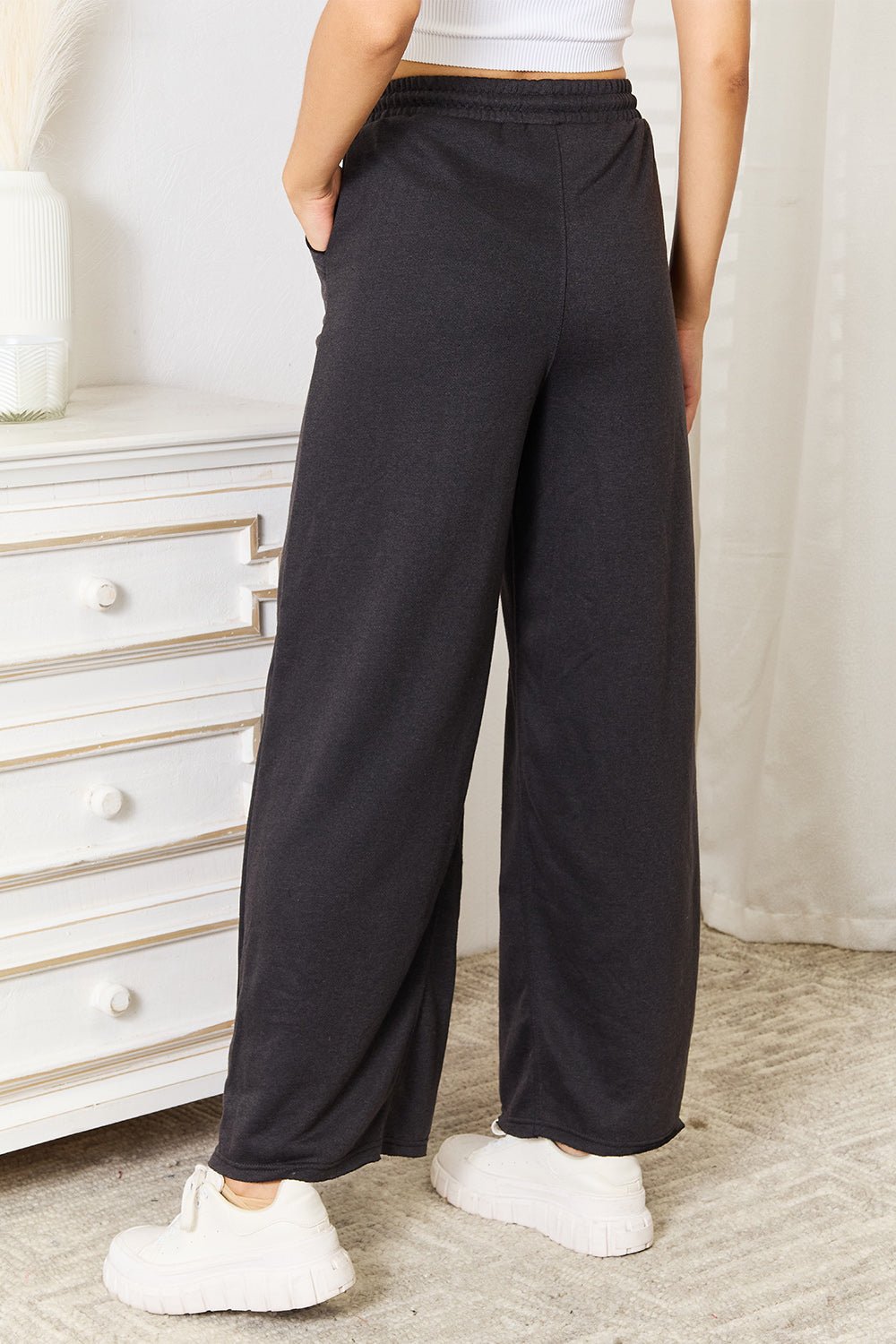 Basic Bae - Wide Leg Drawstring Waist Pants in Dark Gray