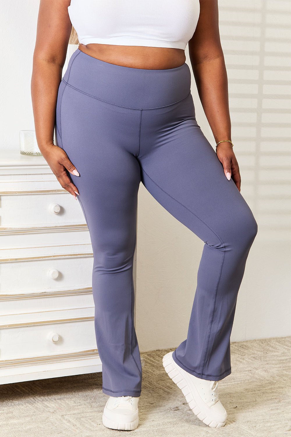 Basic Bae - Wide Waistband Bootcut Active Leggings in Dusty Blue