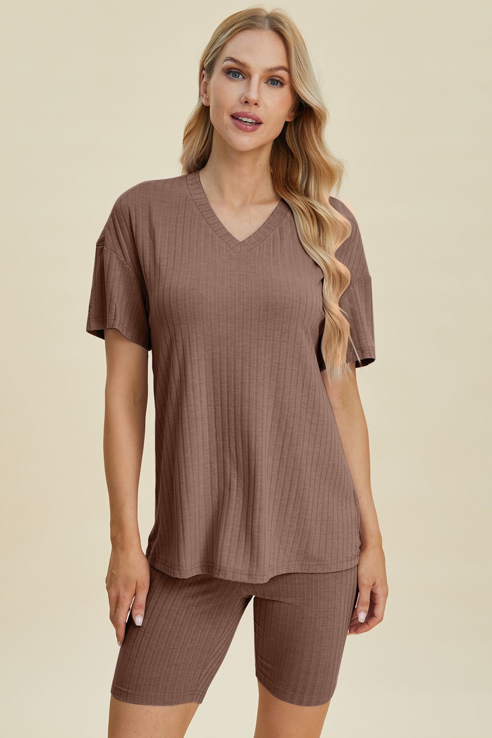 Basic BaeRib Knit V - Neck Short Sleeve Top and Shorts Set