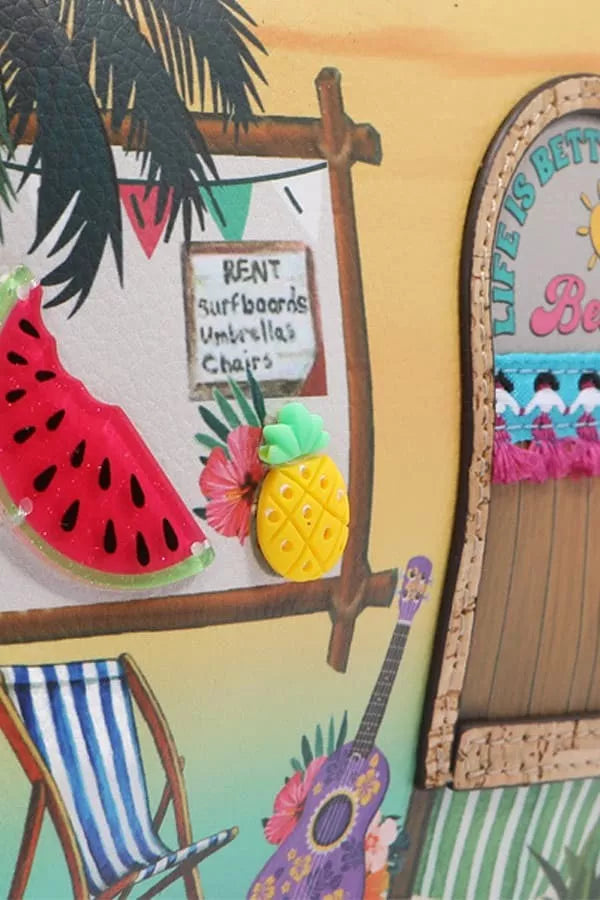 Decorative elements with a tropical theme, including a watermelon, pineapple, and beach chair.