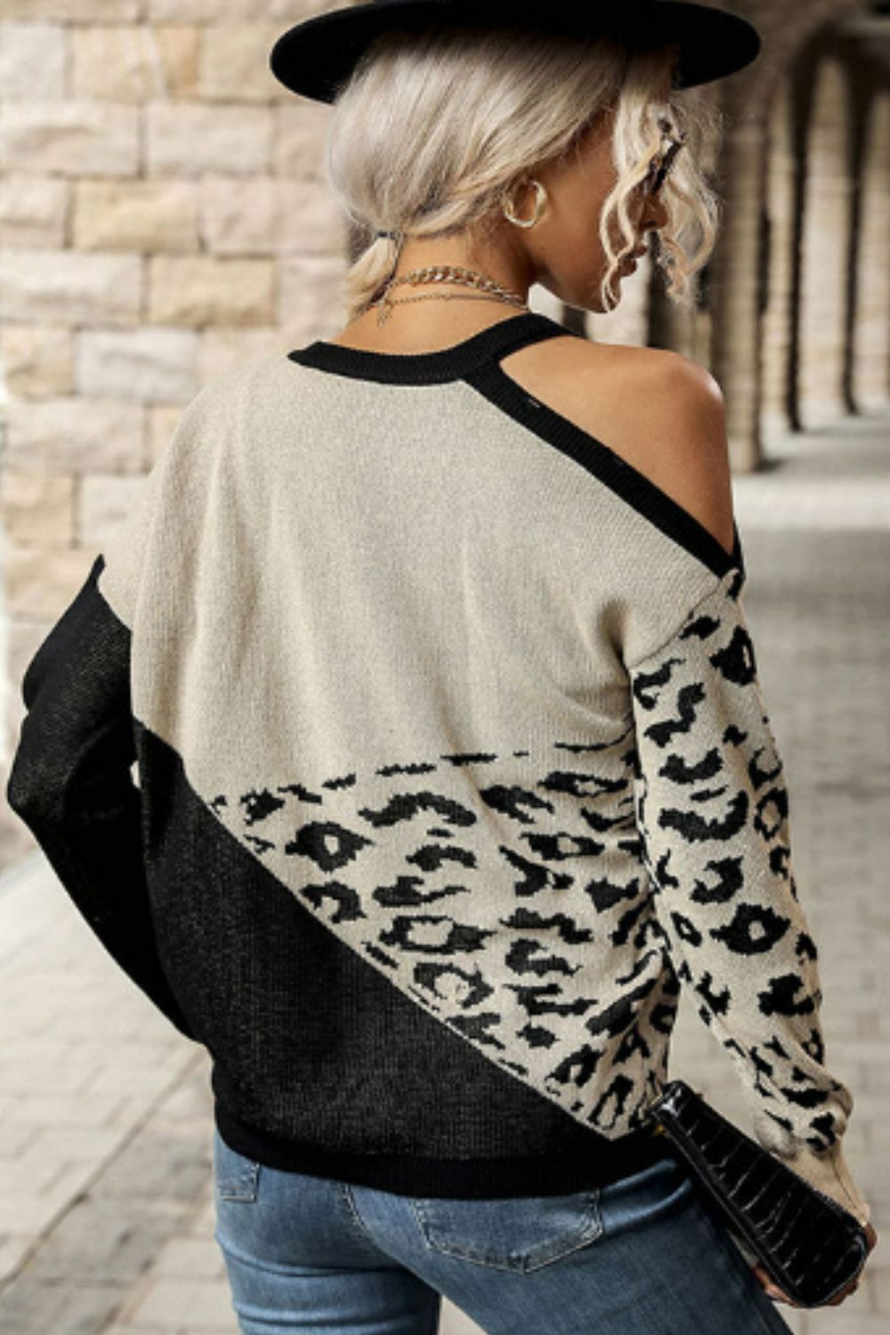 Leopard Print Cold-Shoulder Sweater in Khaki Black