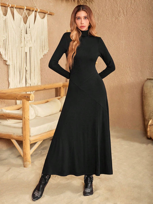 Black Long Sleeve Turtleneck Maxi Dress