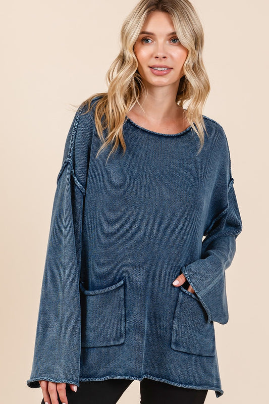 Mineral Wash Sweater with Pockets in Midnight