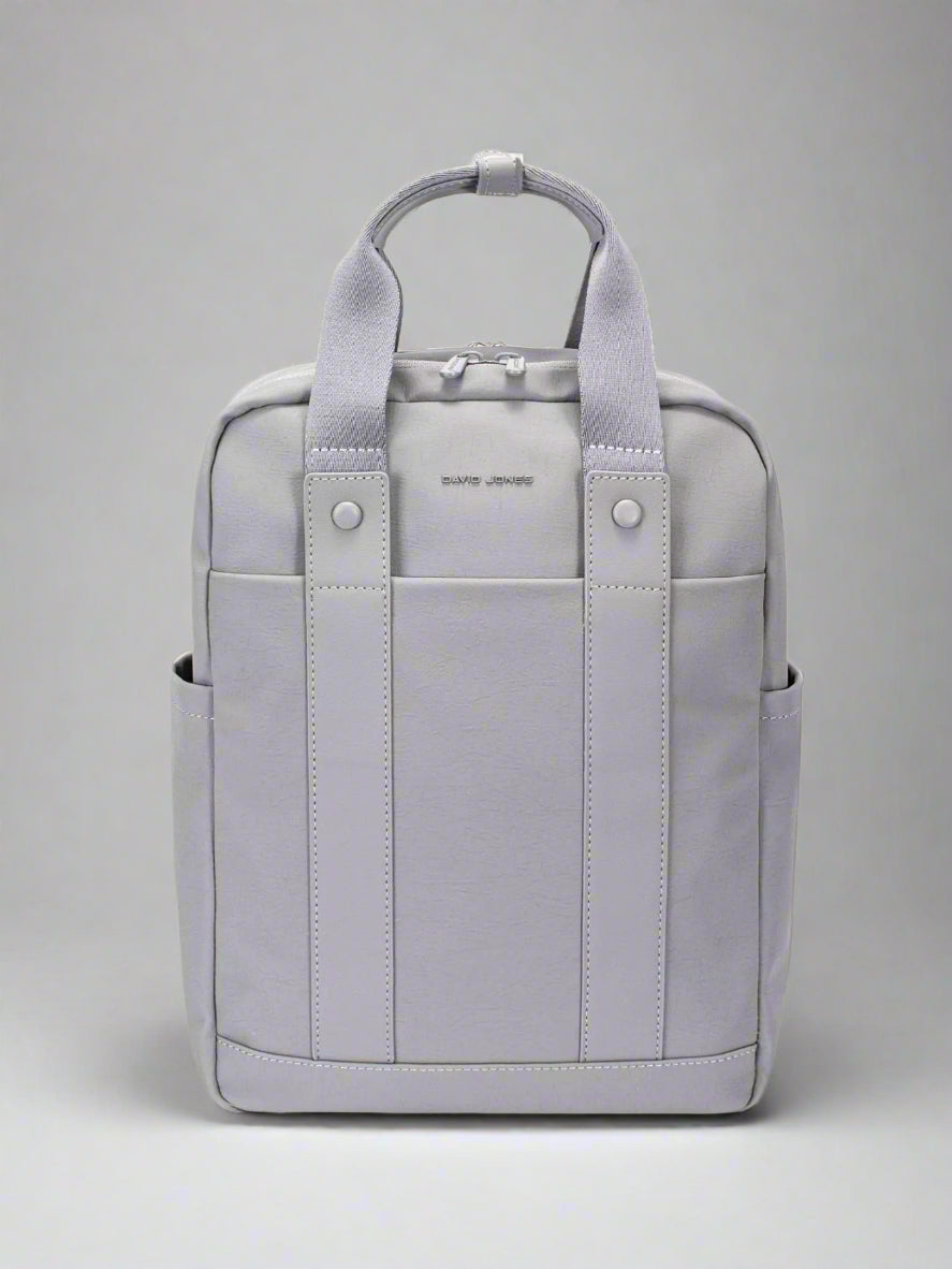 Gray backpack with visible brand name on a white background