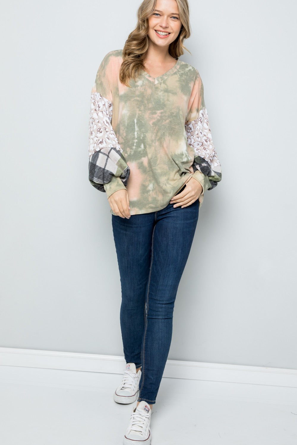 Tie-Dye Printed Sleeve V-Neck Blouse in Olive