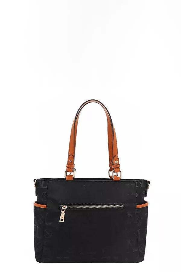 Black handbag with brown handles and accents on a white background