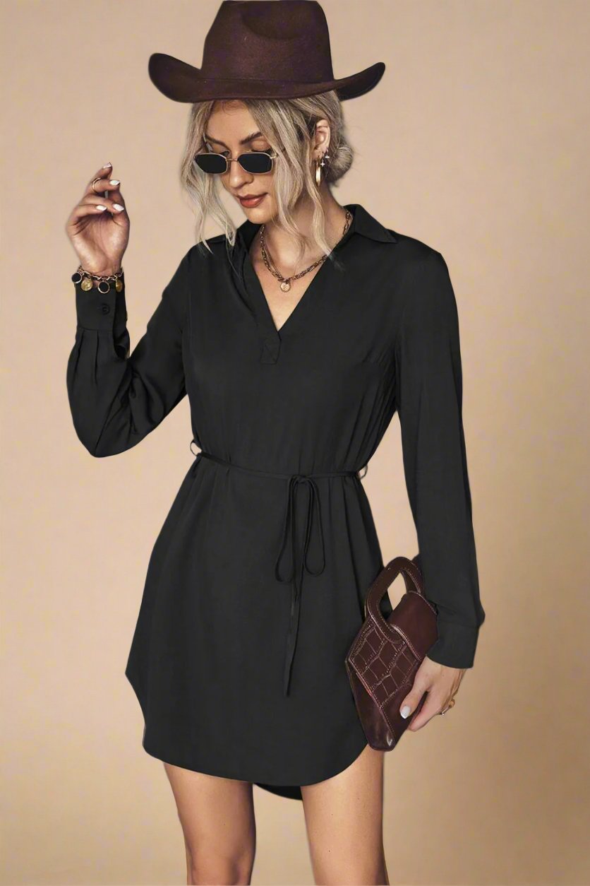 Tie Waist High-Low Hem Mini Shirt Dress