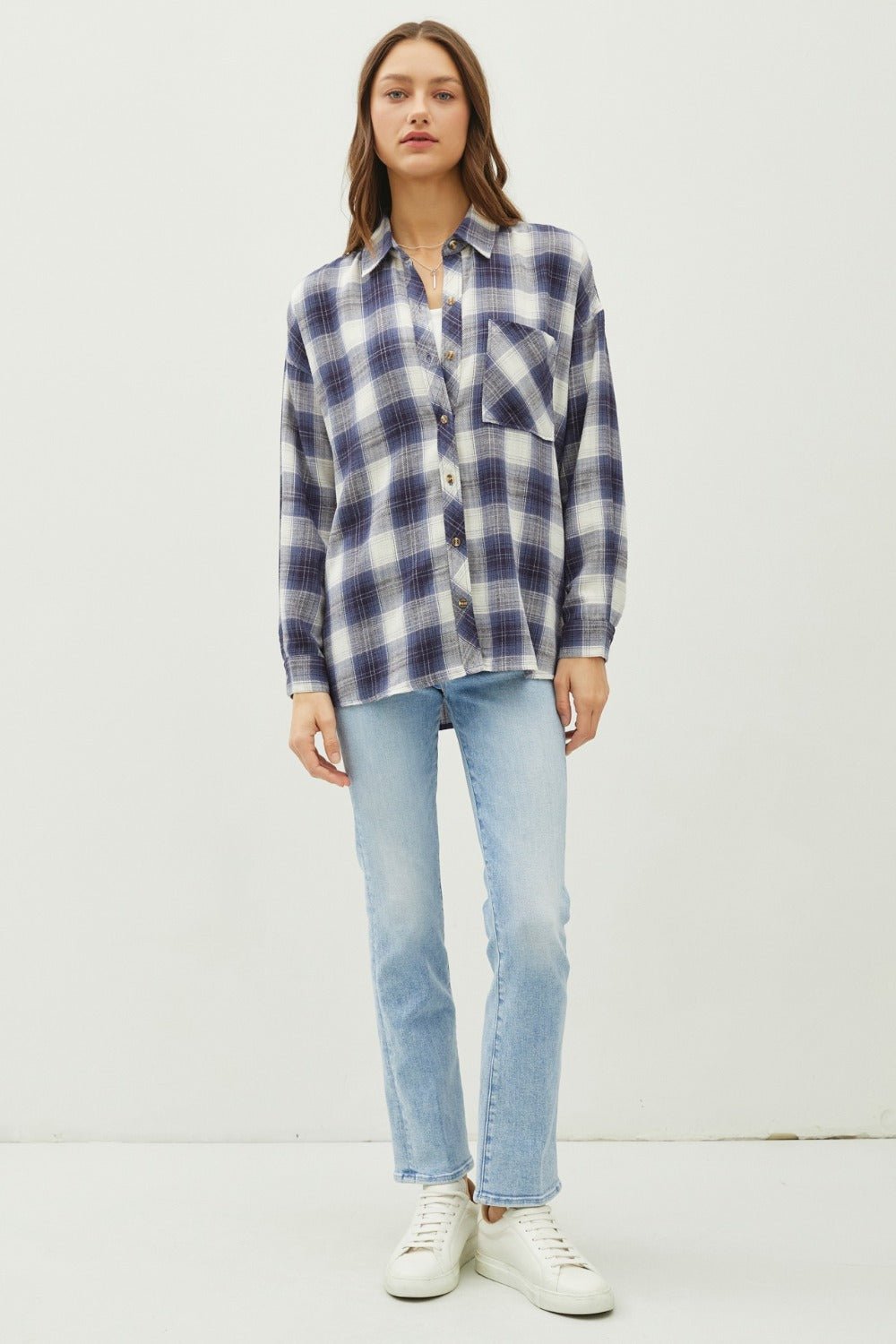 BE COOL - Blue Plaid Flannel Button Down Shirt