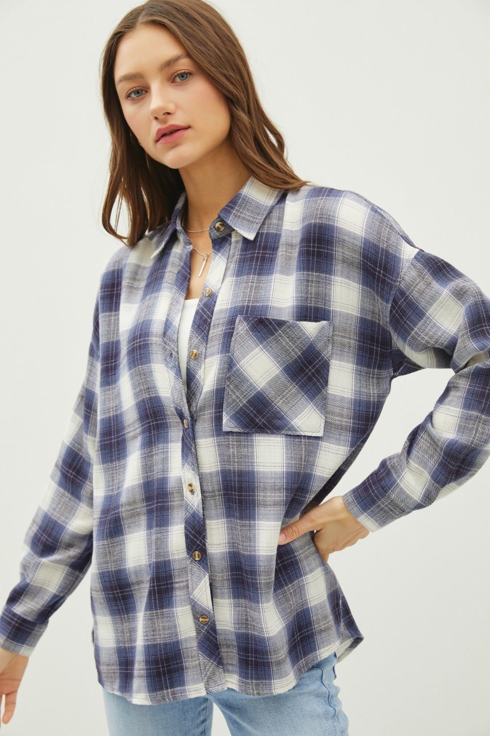 BE COOL - Blue Plaid Flannel Button Down Shirt