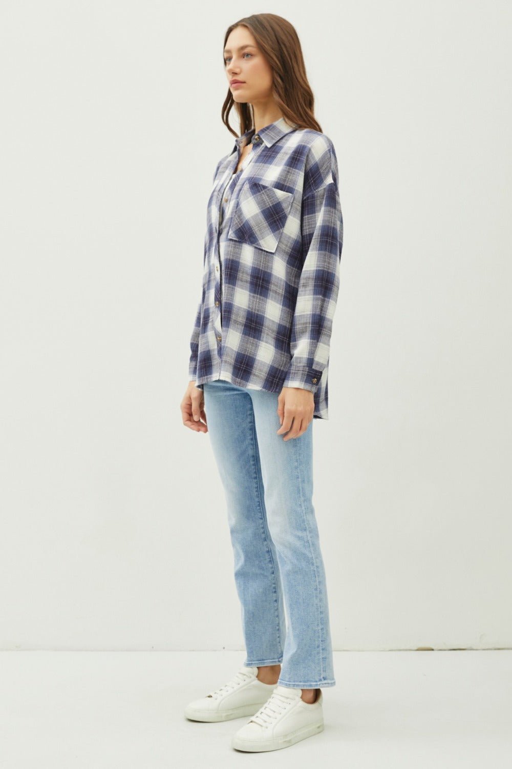 BE COOL - Blue Plaid Flannel Button Down Shirt