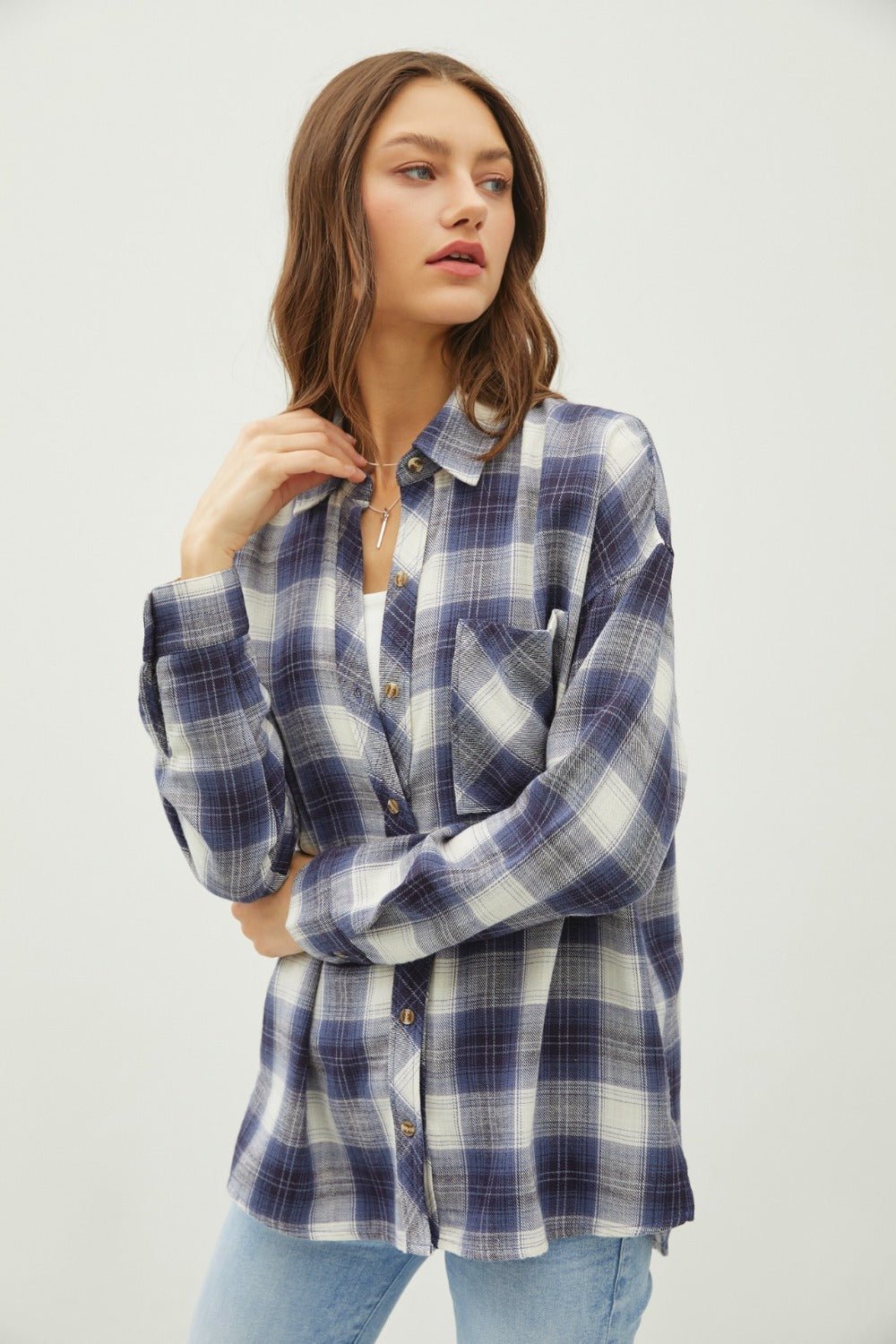 BE COOL - Blue Plaid Flannel Button Down Shirt