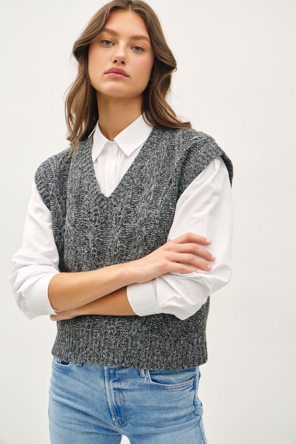 BE COOL - Cable Knit V - Neck Sweater Vest in Charcoal