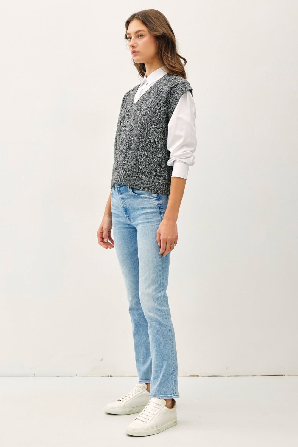 BE COOL - Cable Knit V - Neck Sweater Vest in Charcoal