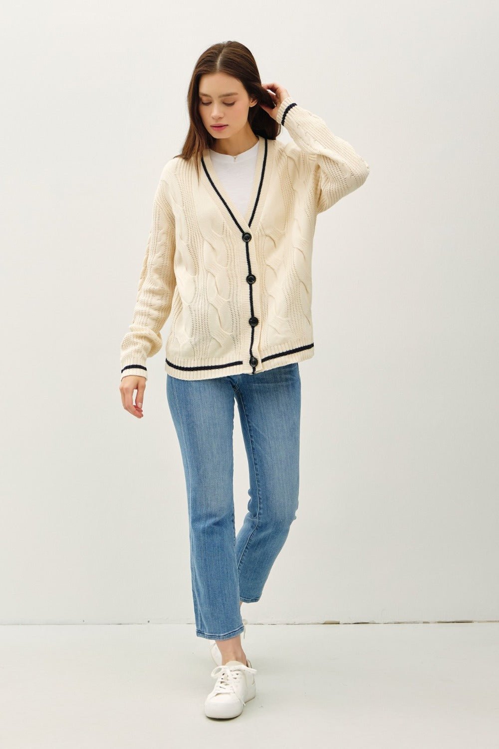 BE COOL - Contrast Trim Cable - Knit Cardigan in Natural