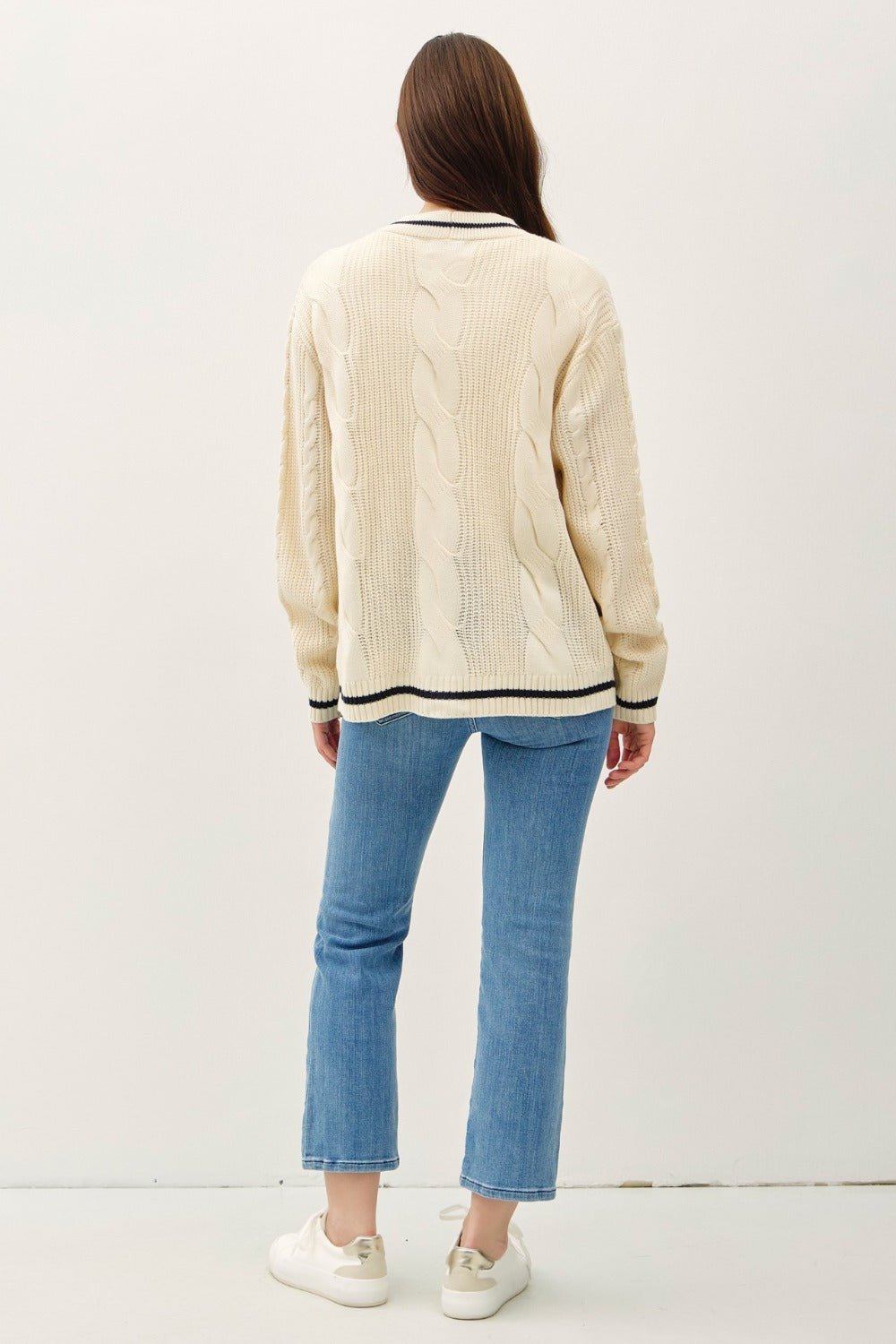 BE COOL - Contrast Trim Cable - Knit Cardigan in Natural