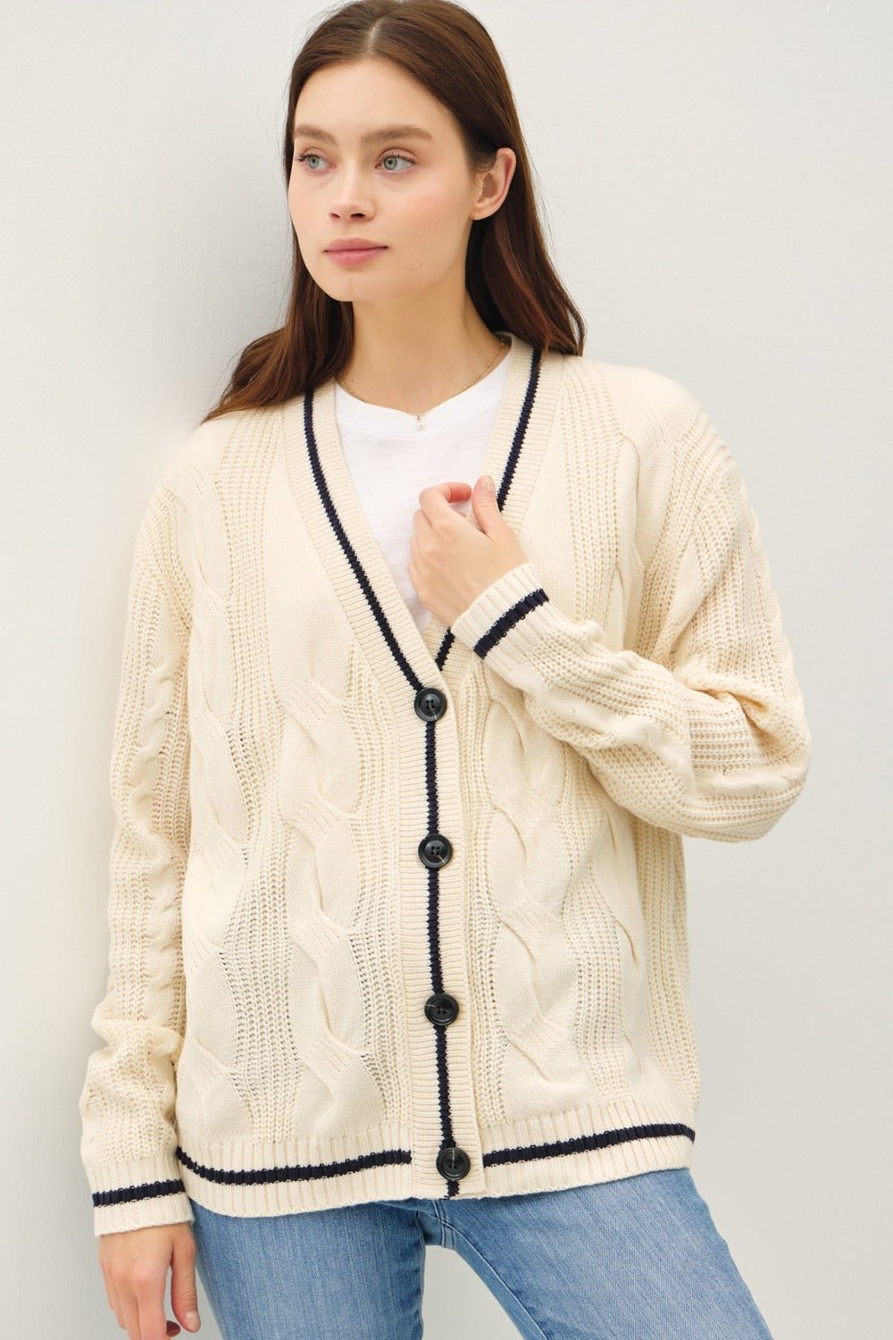 BE COOL - Contrast Trim Cable - Knit Cardigan in Natural