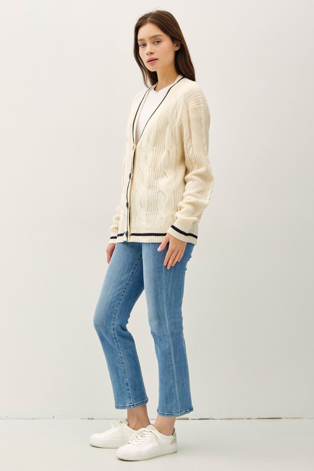 BE COOL - Contrast Trim Cable - Knit Cardigan in Natural