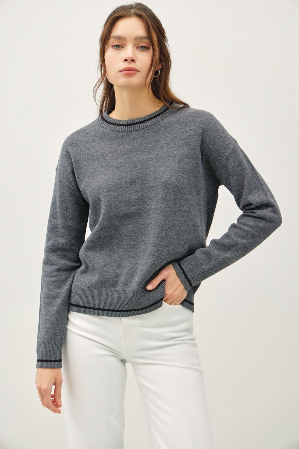 BE COOL - Contrast Trim Long Sleeve Sweater in Charcoal