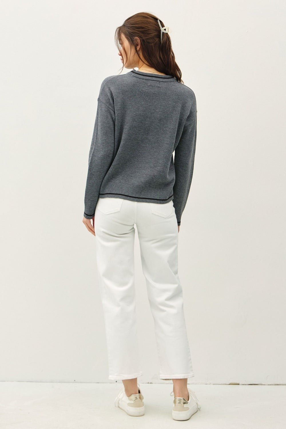 BE COOL - Contrast Trim Long Sleeve Sweater in Charcoal