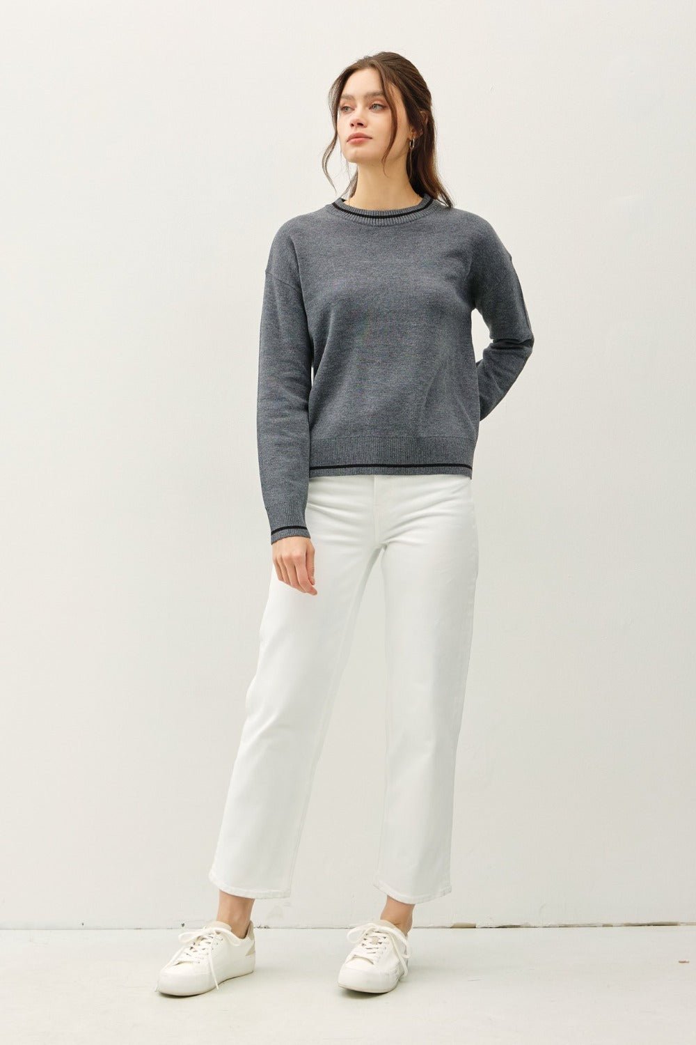 BE COOL - Contrast Trim Long Sleeve Sweater in Charcoal