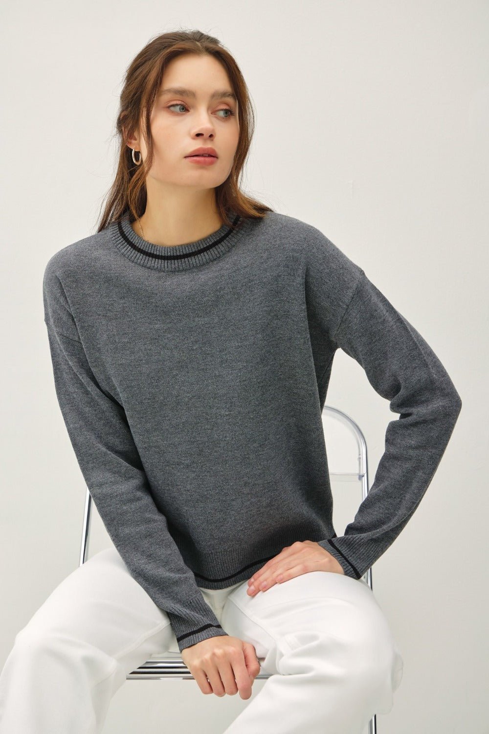 BE COOL - Contrast Trim Long Sleeve Sweater in Charcoal