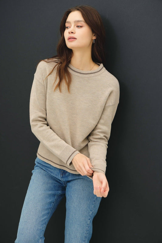 BE COOL - Contrast Trim Long Sleeve Sweater in Mocha