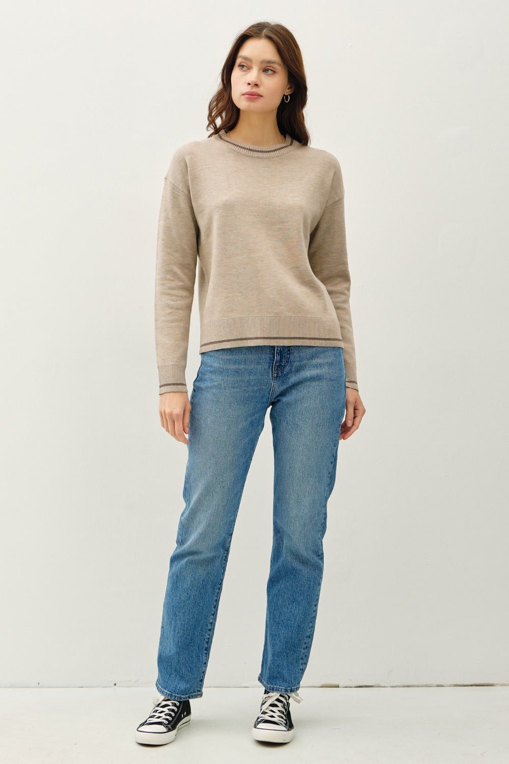 BE COOL - Contrast Trim Long Sleeve Sweater in Mocha