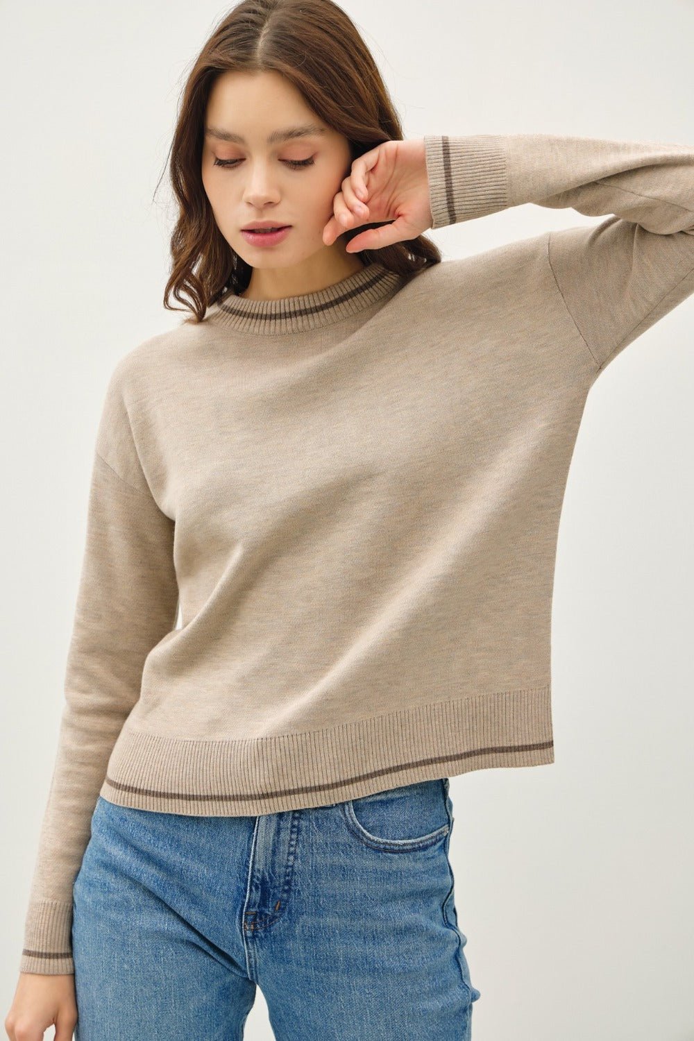 BE COOL - Contrast Trim Long Sleeve Sweater in Mocha