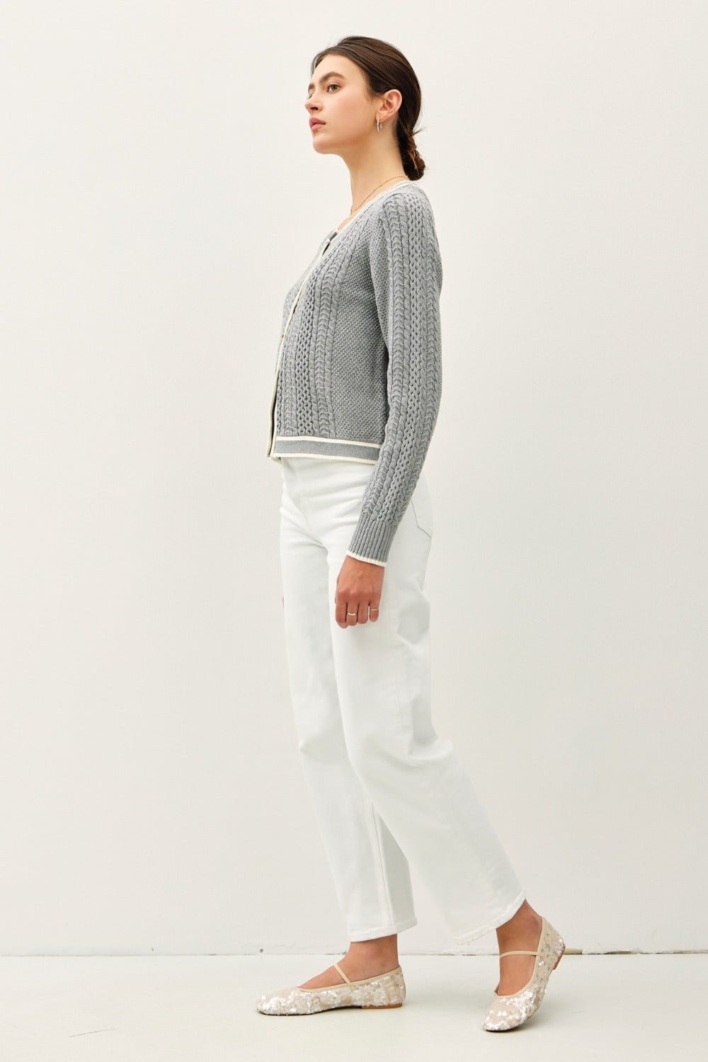 BE COOL - Gray Cable Knit Contrast Edge Cardigan