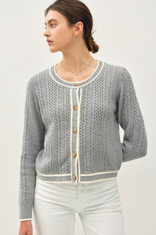 BE COOL - Gray Cable Knit Contrast Edge Cardigan