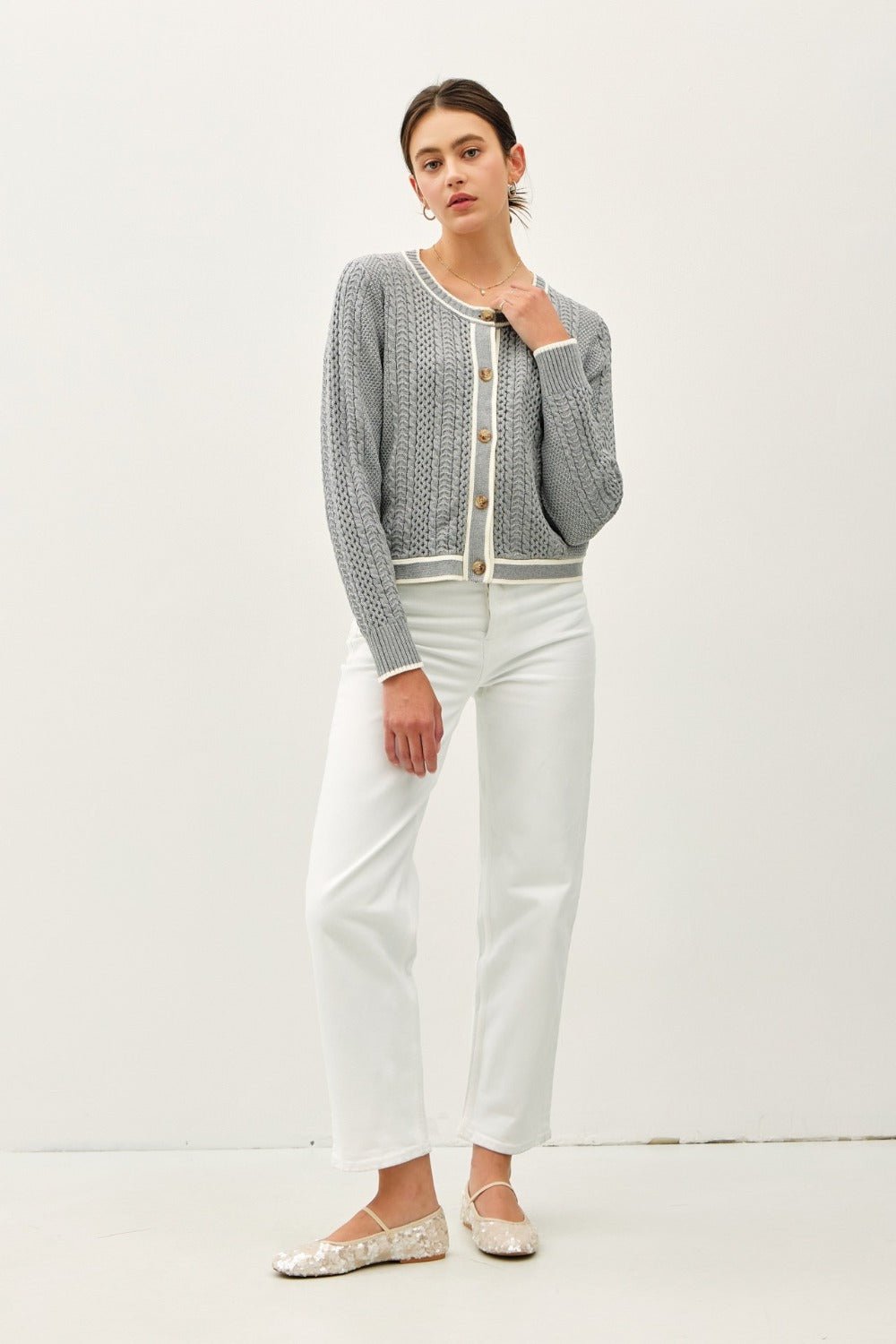 BE COOL - Gray Cable Knit Contrast Edge Cardigan